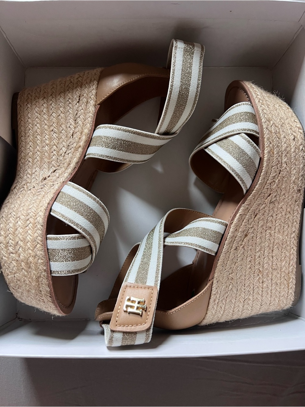 Womens Espadrille Wedge Sandals in Beige Stripes